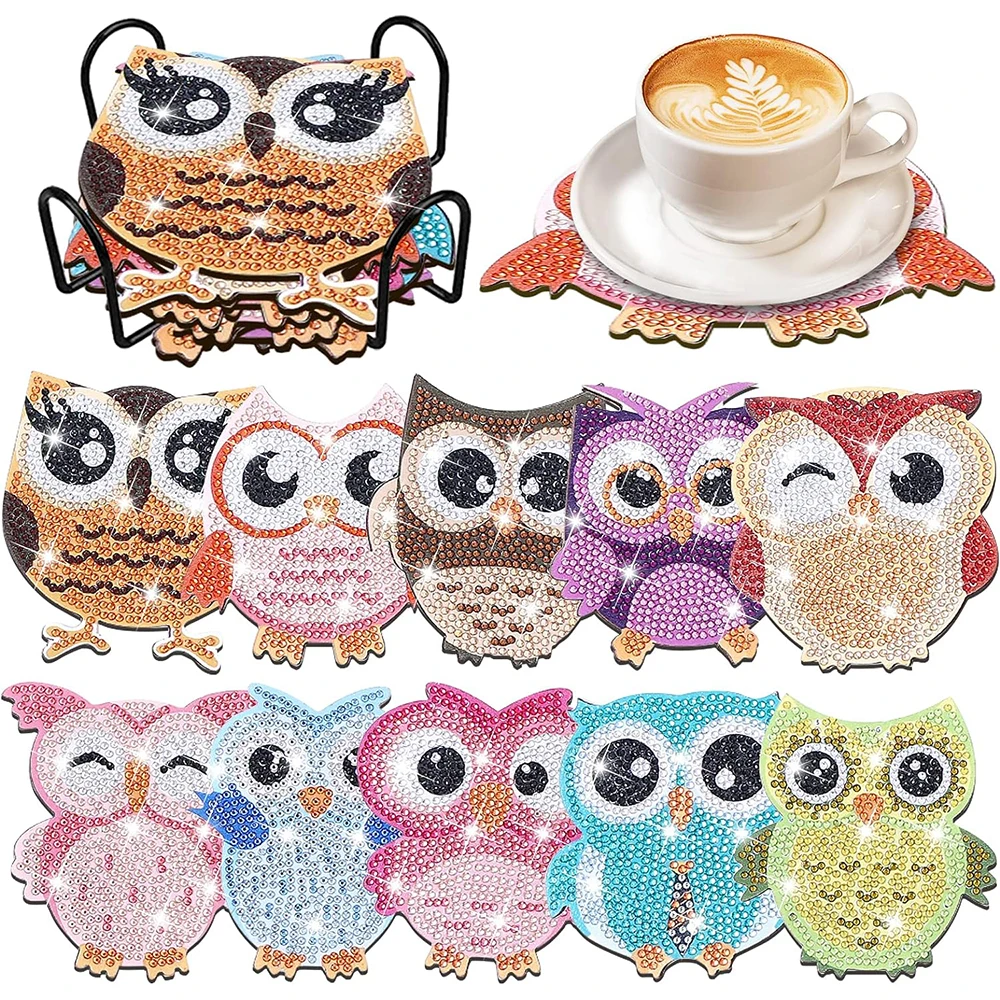 

10pcs Owl Shaped Diamond Painting Coasters Kits With Holder DIY Diamond Art Coaster for Beginners Kids Art Craft Supplies Gift