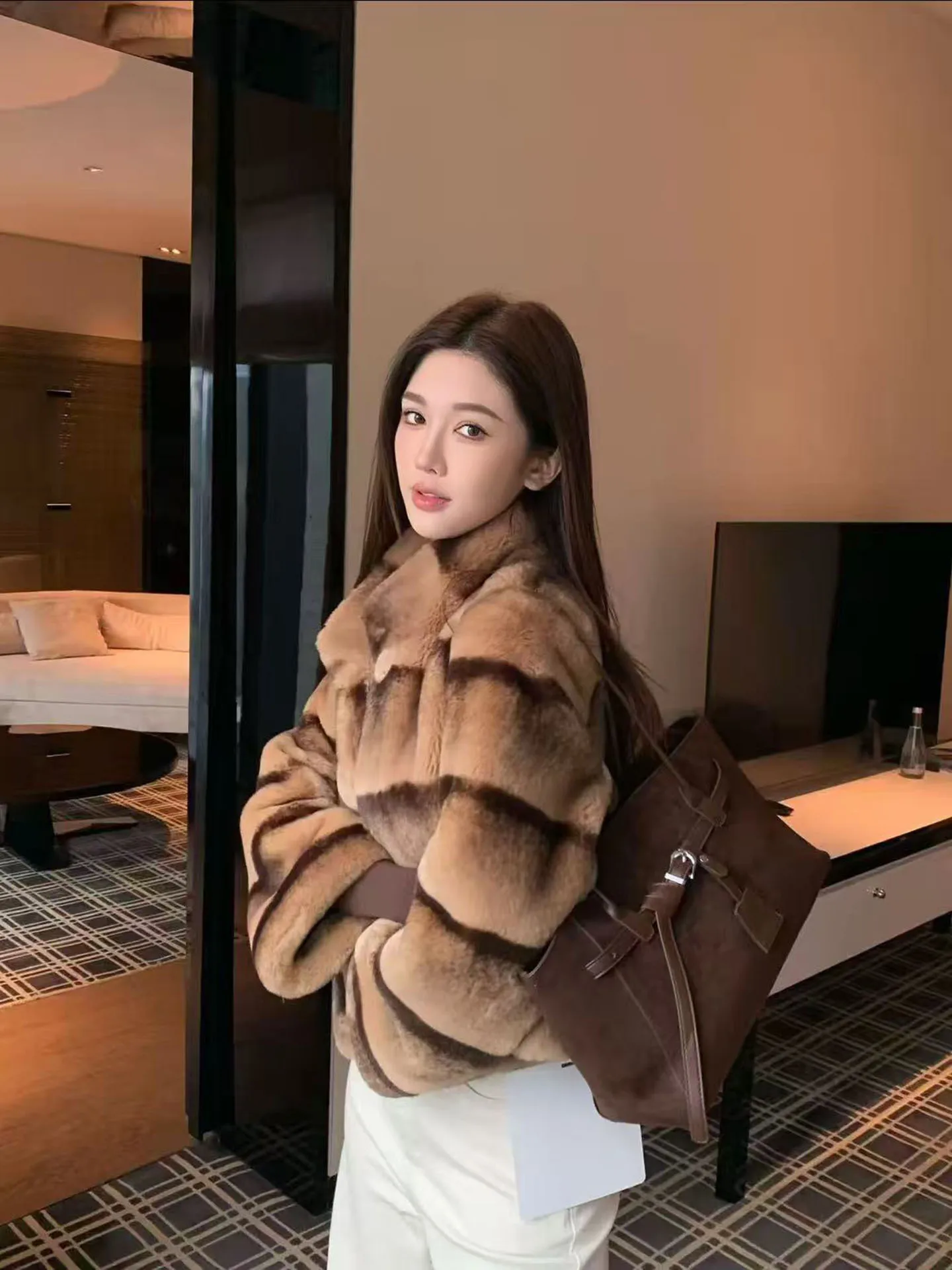 

Hand-Red Loose Outerwear Women's ort Coat Fur Imitation Double-Color adient Snow Mountain Blend Stand Collar Winter