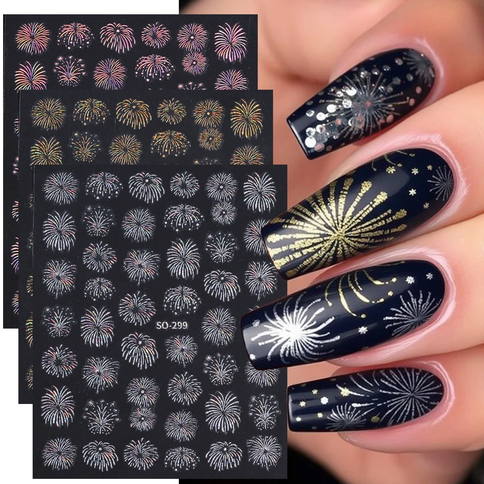 3pcs Sparkle Firework Nail Stickers Self Adhesive Laser Gold Silver Blooming Firework Design Nail Decals New Year Manicure Decor