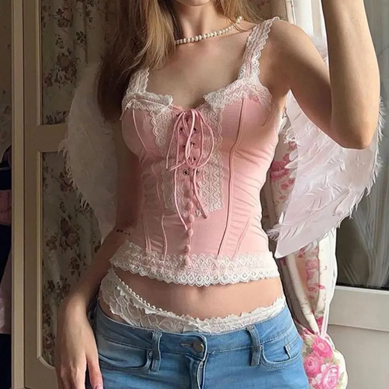 

Ling Top Lace Lace Up Splicing Slim Pink Sweet Cute Women Y2K Aesthetic Crop Tops 2024 New High Street Corset Top Summer Outfit