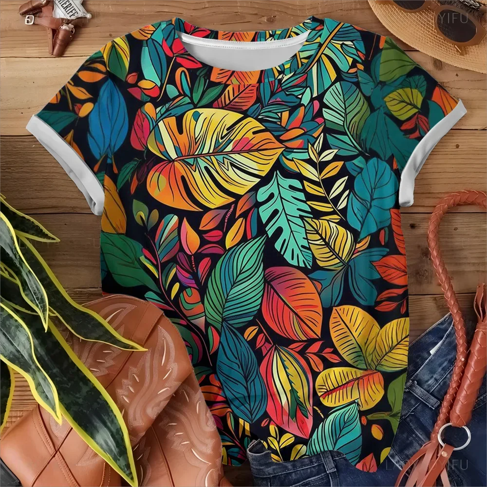 

Abstract Illustration Vibrant Tropical Leaf Print Black Women's T-shirt Fashionable And Casual Summer Short Sleeve Y2k Tops