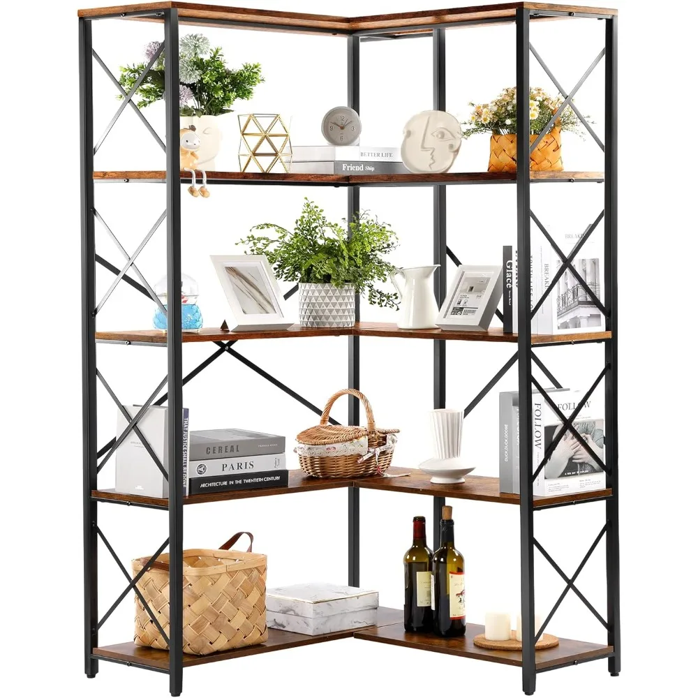 Bookshelf 5 Tier Corner Shelf, Bookcase L Shaped Storage Display Rack with Heavy Duty Metal Frame for Home Office, Living Room