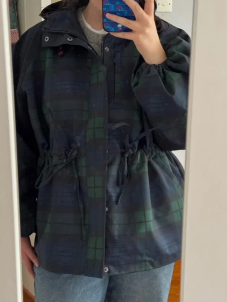 

2025 New Fall Lady StreetwearsVintage Plaid Women's Jacket Oversize Loose Stand Collar Coat Long Sleeve Hoodie Lace Up Outwears