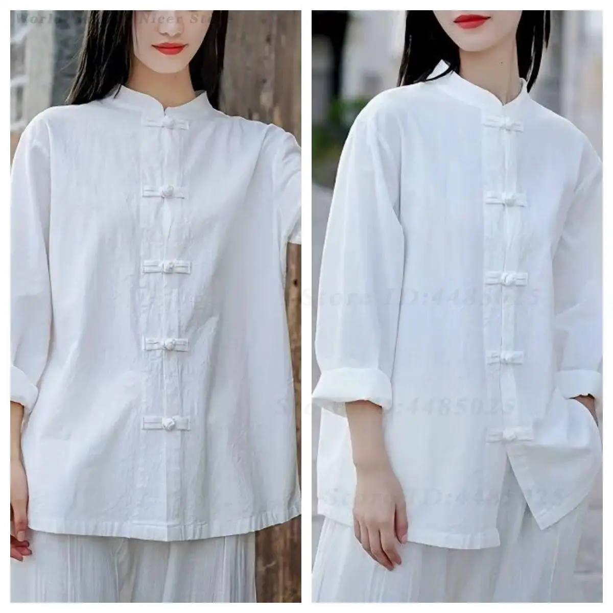 New Chinese Style Cotton Linen Top, Retro Frog Buttons Tea Shirt, Meditation Zen Clothing, Women Tai Chi Practice Outfit Set