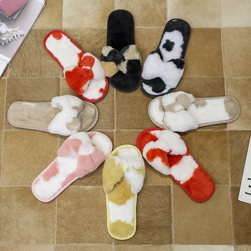 

2025 Autumn and Winter Fluffy Slippers Women's Home Indoor Floor Mopping Color Matching Artificial Plush Slippers Sewn Shoes