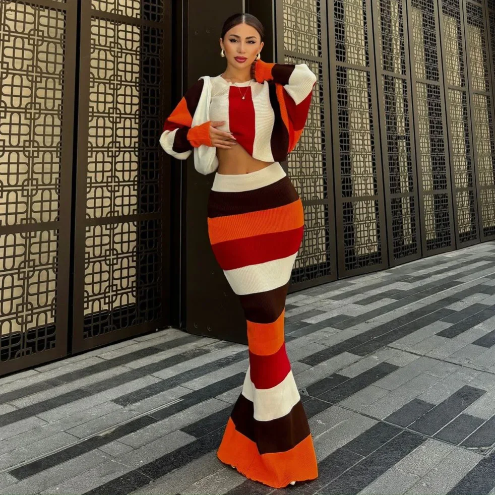 Elegant Striped Knit Fashionable Suit Dress For Women Autumn New Slimming Smoothing Long Dress European And American Unique Styl