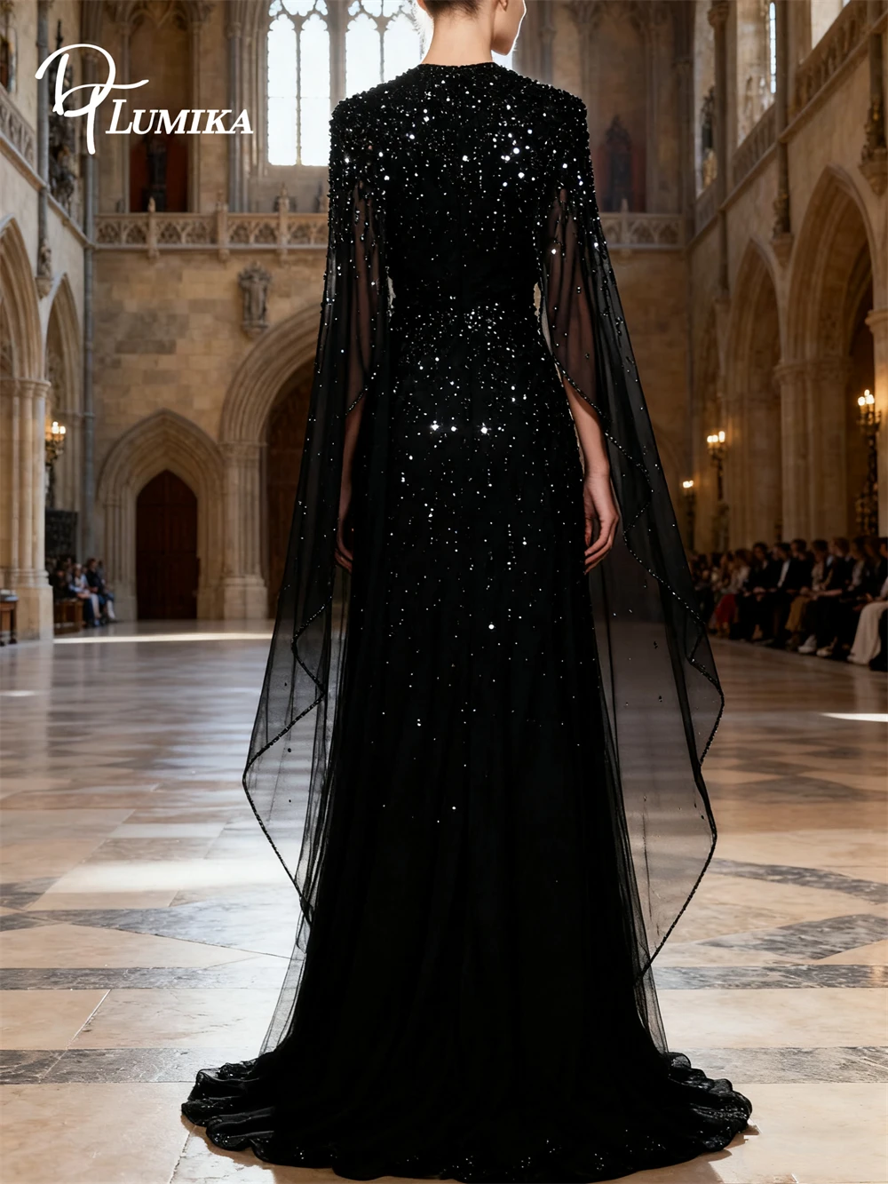 Elegancka czarna sukienka maxi DTLumika dla kobiet, sukienki wieczorowe z cekinami z dekoltem typu O, sukienka na studniówkę/drużba na zamówienie, suknia na konkurs piękności.