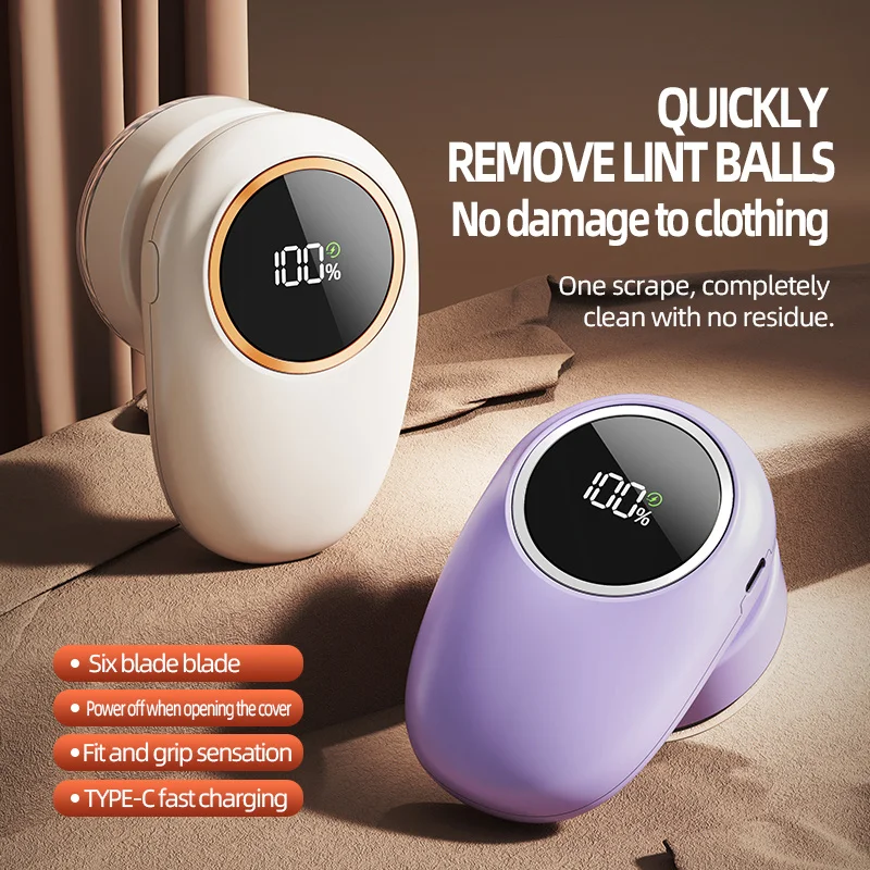New 1 piece white/purple clothes hair ball trimmer with digital display, compact and portable rechargeable ball remover