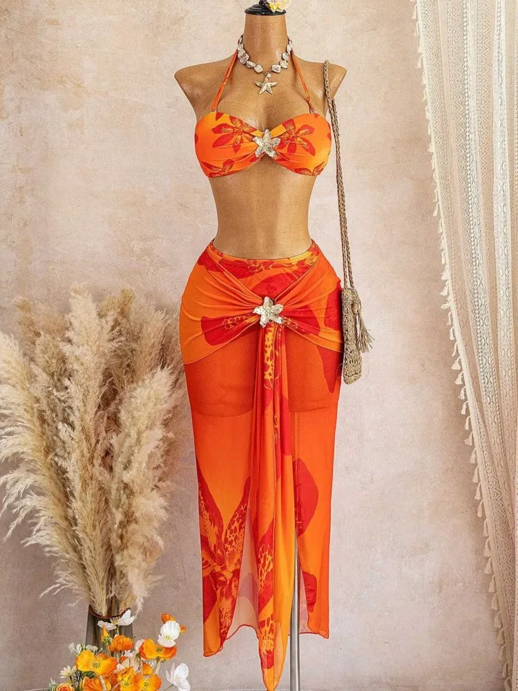Bikini Bodysuit Swimwear Women With Skirt Bathing Suit Summer New Ruffle Splice Print Beachwear Holiday Bikini Cover Ups Outfits