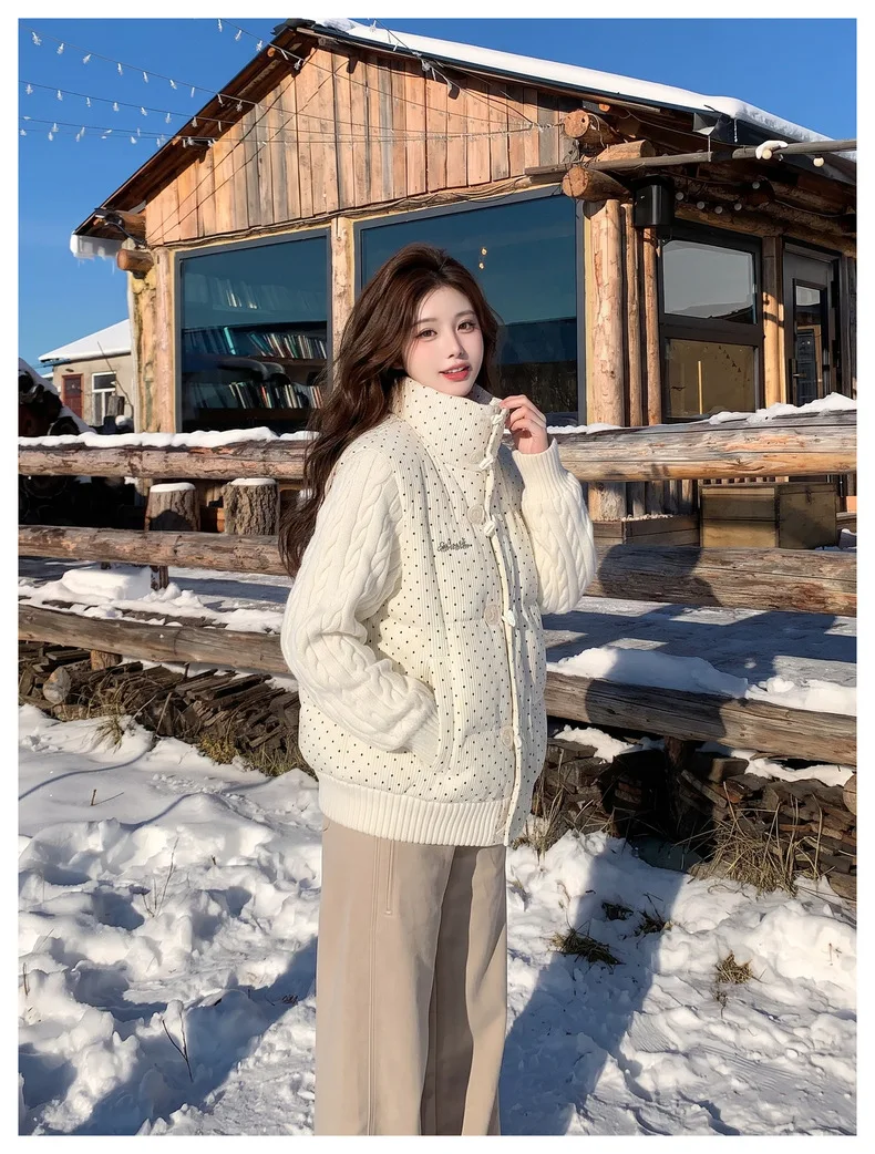 Korean Polka Dot Knit Patchwork Corduroy Cotton Jacket for Women Winter Sweet Thick Puffer Jackets Woman Stand Collar Y2K Parkas