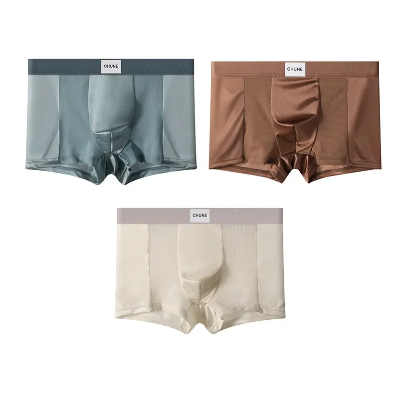 1/3PCS Boxer da uomo in raso di seta ghiacciata ad alta elasticità Mutandine comode Tinta unita a vita media Biancheria intima senza cuciture di grandi dimensioni