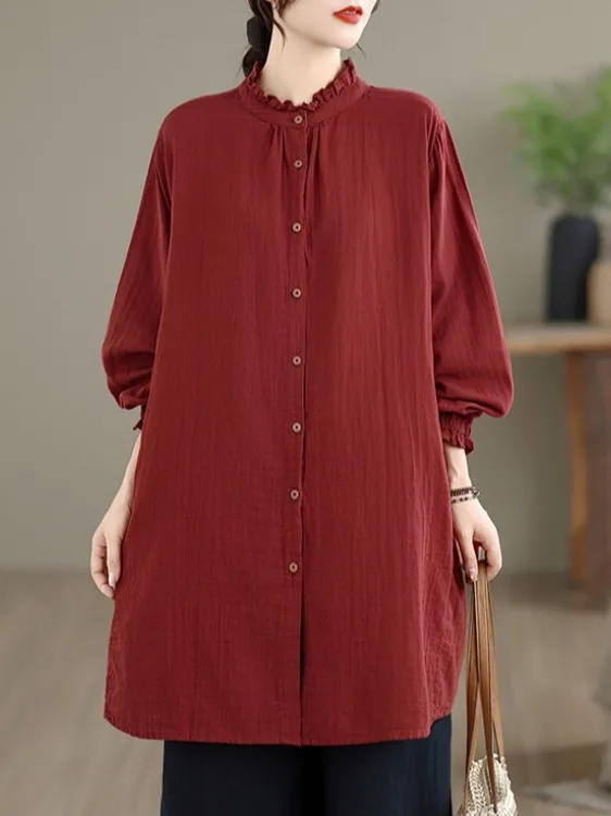 

Artistic Pure Color Double Layer Cotton irt Long Sve Wooden Collar Single Button Open Cardigan Large Size Women's A...