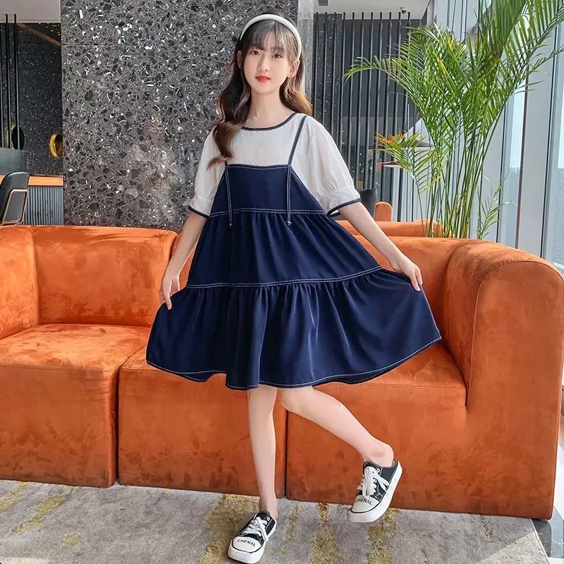 

Summer Dress with False Two-piece Design Girls Kids Clothes Girl Beach Princess 2025 New Children's Clothing From 13 14 Years
