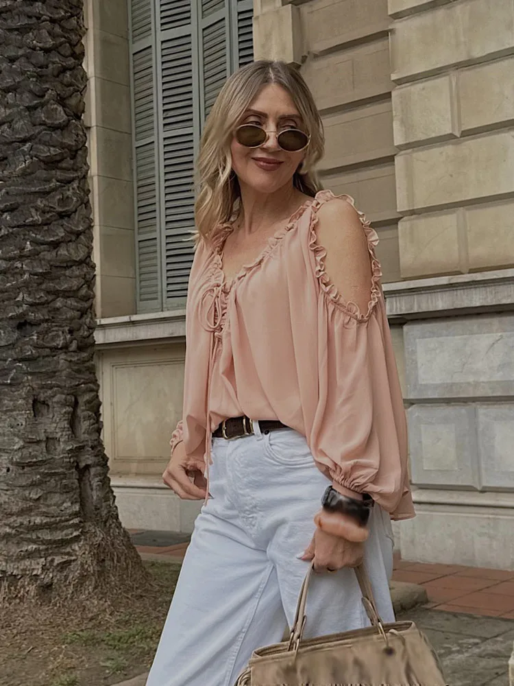 

HH женский летний модный шифоновый топ с v-образным вырезом и открытыми плечами, женские шикарные ламинированные серьги со шнуровкой и завязками, рубашка с длинными рукавами Mujer