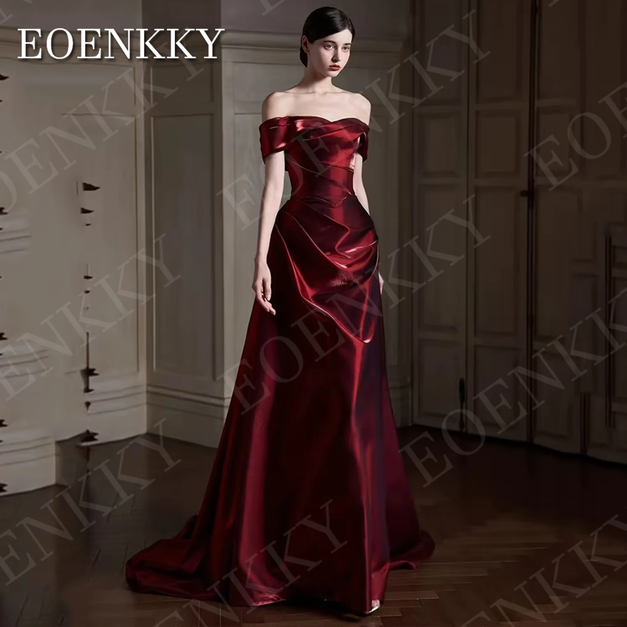 EOENKKY Burgundy Simple A Line Evening Dress Long Customized Satin Pleats Off Shoulder Prom Dresses with Detachable Train Woman