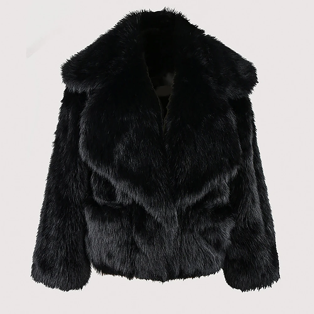 Imitação de pele de raposa feminina outwear outono inverno gola grande curto aba bolso calças casuais elegantes roupas femininas