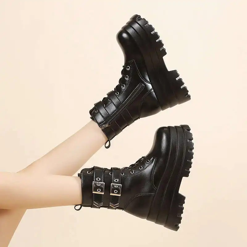Romantic Style Women Shoes Lace-up Heel Height 9CM Platform Shoes Woman Gothic Ankle Rock Boots Metal Decor Woman Trendy Shoes