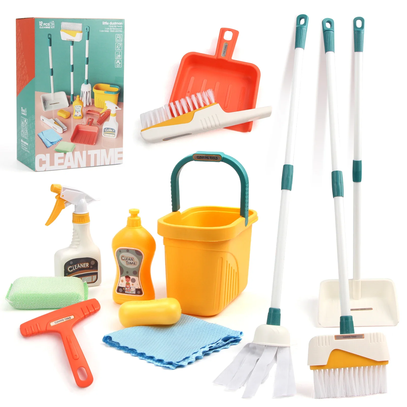 12 unids/set Kit de suministros para el hogar para niños juego de limpieza con recogedor escoba cubo fregona juego de limpieza juguetes para jugar a las casitas para niños y niñas