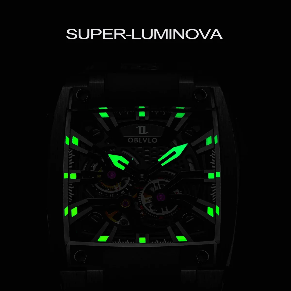 OBLVLO Orologi automatici da uomo Orologio di lusso Orologio da polso meccanico Impermeabile Quadrante scheletrato quadrato Cinturino in caucciù luminoso con zaffiro