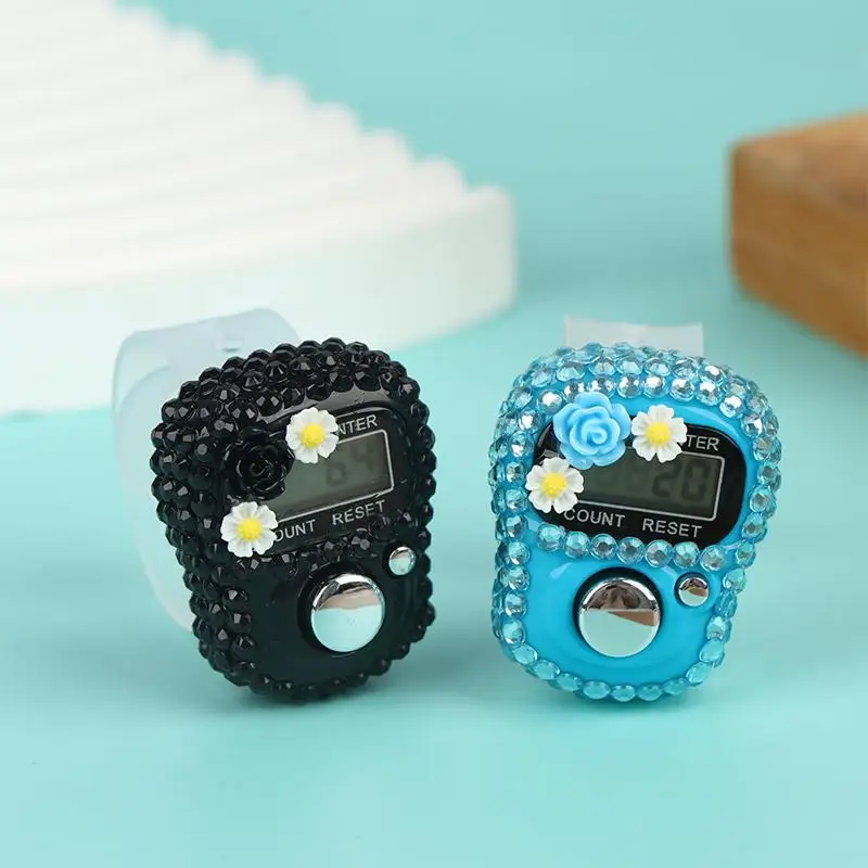Sparkling Flower Rhinestone Clicker 6 Colors Resettable Finger Counter for Meditation Praying Tasbih Hobby Activities
