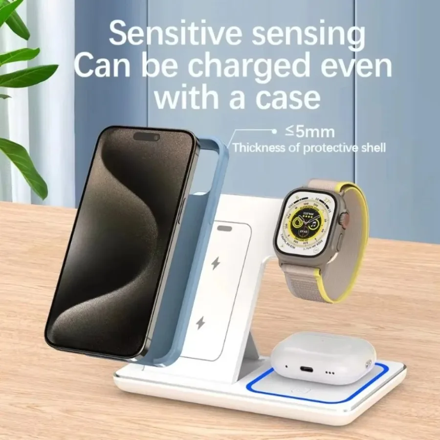 حامل شاحن لاسلكي سريع LED 3 في 1 محطة شحن قابلة للطي لهاتف iPhone 16 15 14 13 12 Apple Watch 9 8 7 6 5 Airpods Pro