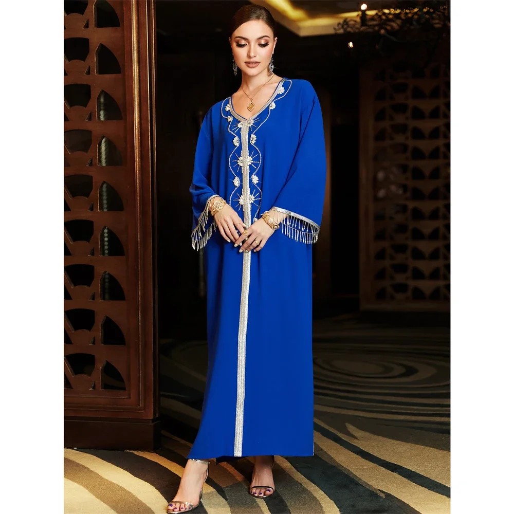 

Роскошное женское мусульманское праздничное платье Абая с бриллиантами и кисточками, марокканский кафтан Femme Musulman Jalabiya, Дубай, кафтан, турецкий халат, платье 2025