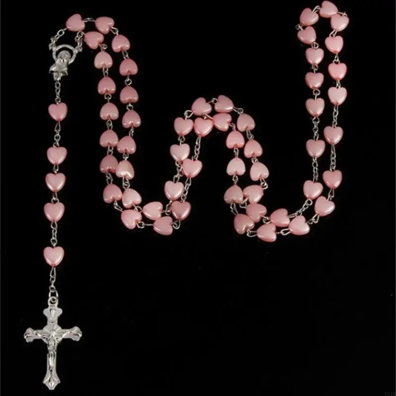 

Y51B Catholic Rosary Necklaces Pink Heart-shaped Beads Long Chain for Women