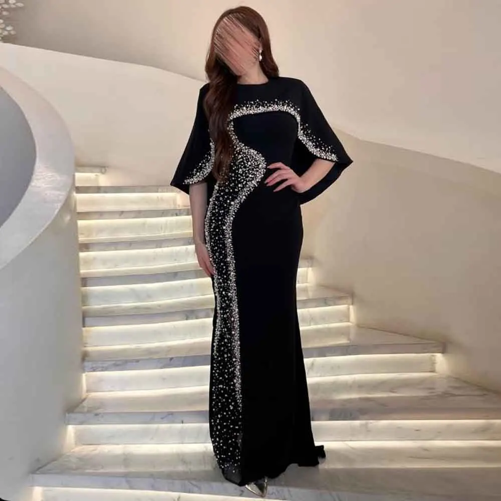 

Customized Beaded Embellished Evening Dresses Short Cape Mermaid Formal Wedding Party Gown Satin Long vestido de novia