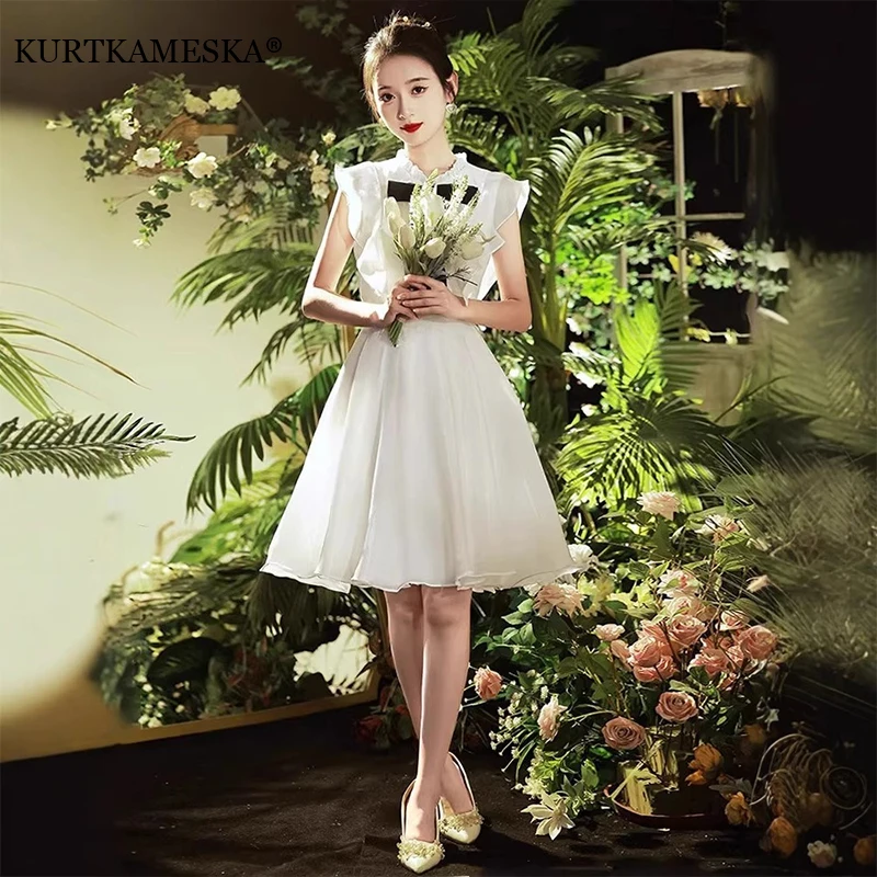 فستان أبيض برقبة دائرية فساتين زفاف حلوة بأكمام جامعية للعروس وحفلات التخرج المسائية وحفلات الضيوف فستان نسائي رسمي #1