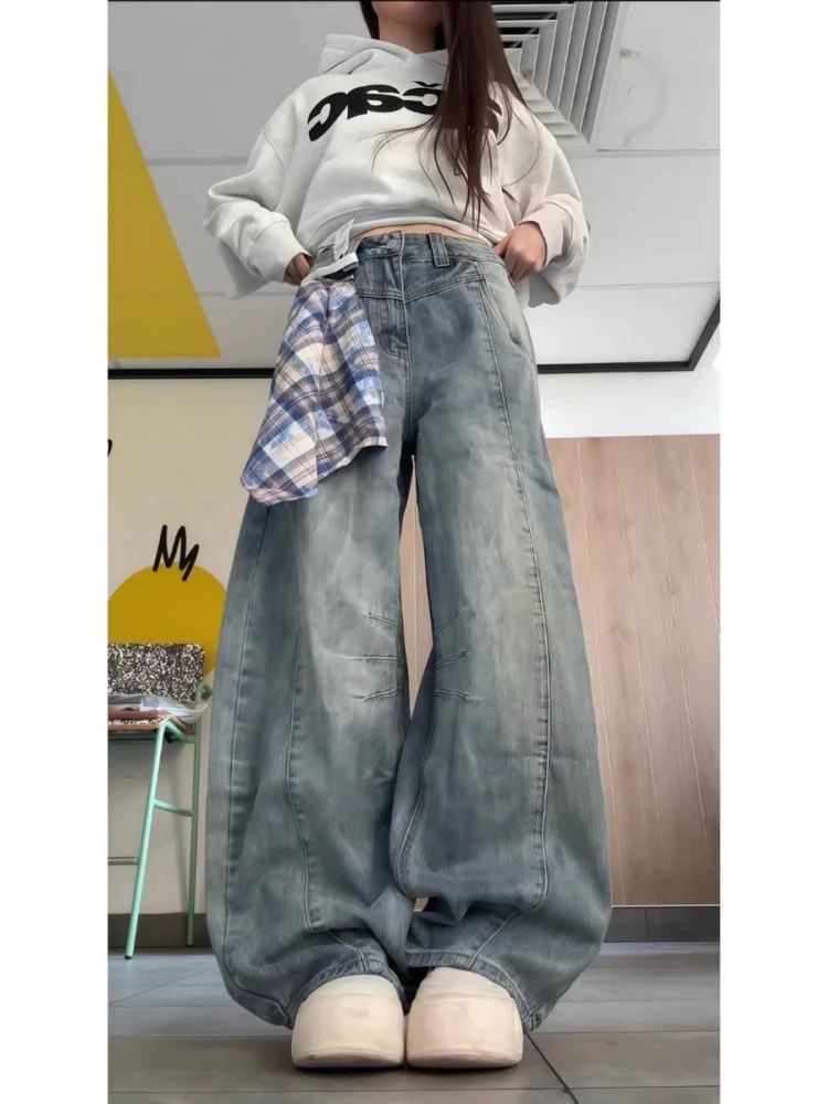 

Retro American Style Wide Leg Jeans Women's Loose Fit Bootcut Denim Pants Autumn Design Sense Scarf Splicing Casual High Waist