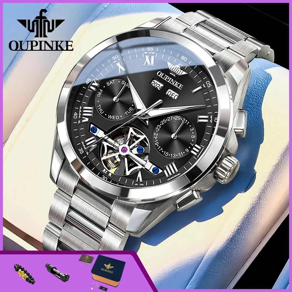 

OUPINKE 3281 Automatic Men's Watch Stainless Steel Hollow Flywheel Calendar Waterproof Luminous Luxury Business Mechanical Watch