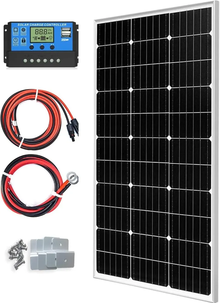 

Solar Panel Kit 100W 12V Monocrystalline,Battery Maintainer +10A Solar Charge Controller + Extension Cable with Battery Clips