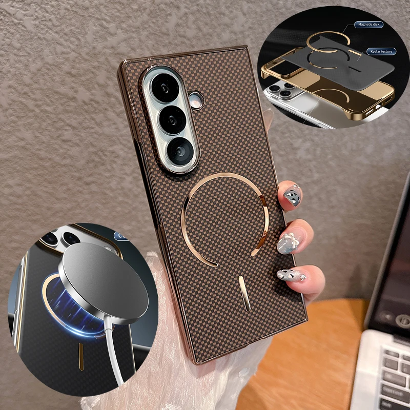 Magsafe Magnetische kabellose Lade-Handyhülle aus Kohlefaser, stoßfest, für Samsung Z Fold 7, 6, 5, 4, 3, integrierte Hülle