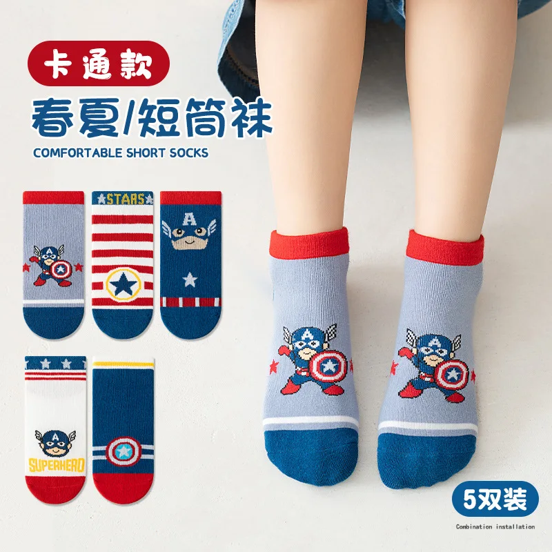 

5 Pairs Captain America Spiderman Cotton Children's Socks kids Boys Short Socks Cartoon Baby Spring Summer Sock 1-12 Y