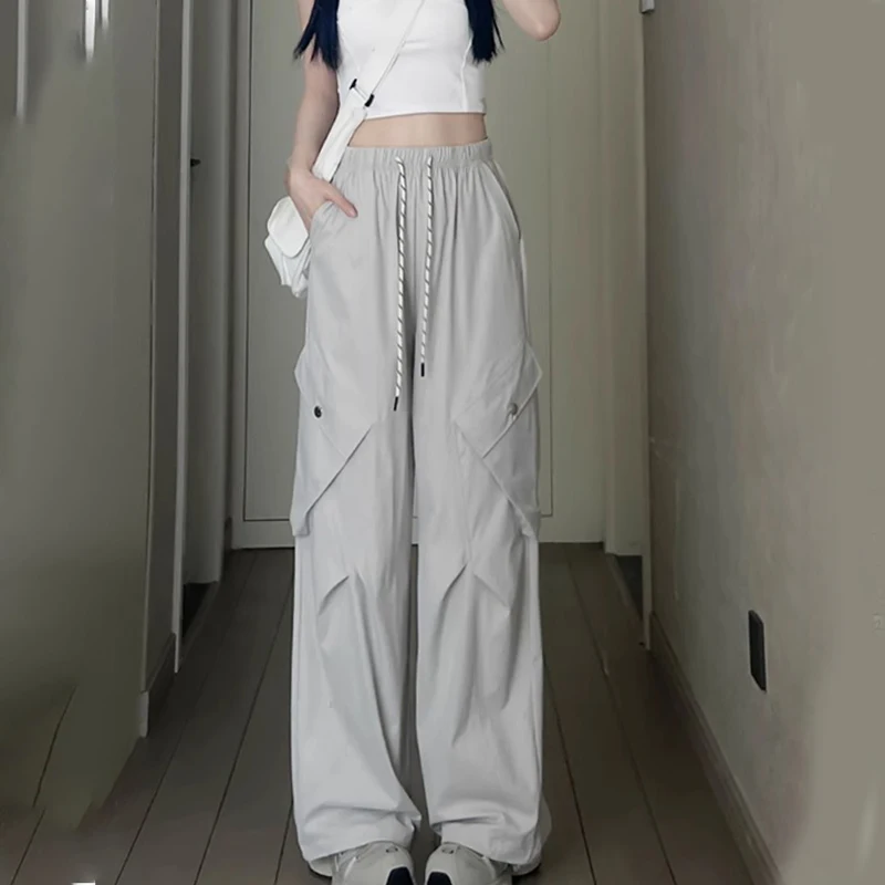 سراويل نسائية واسعة الساق من Streetwear سراويل صيفية عصرية بجيب كبير سراويل هيب هوب أمريكية فضفاضة سريعة الجفاف سراويل رياضية #3