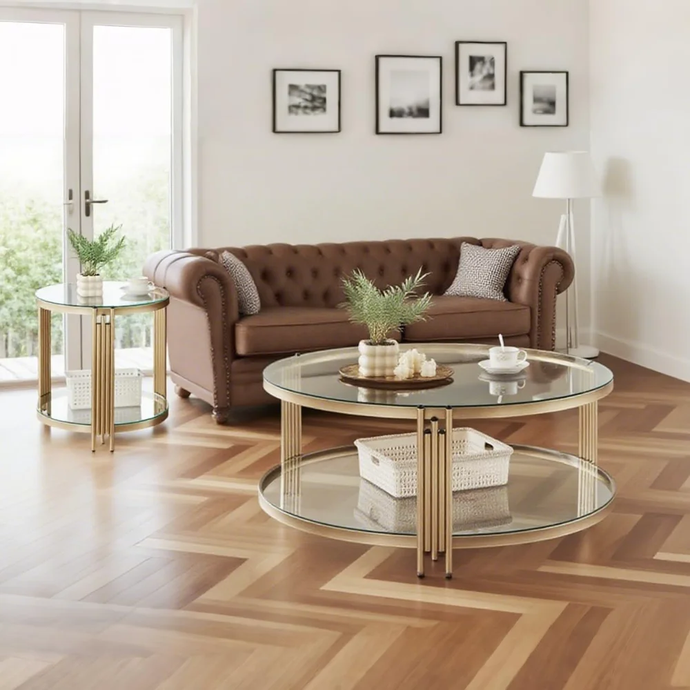 โต๊ะกาแฟกระจกสีทองทรงกลมขนาด 36 นิ้ว - โต๊ะทรงกลม 2 ชั้นพร้อมโครงโลหะ สำหรับห้องนั่งเล่น/บ้าน/สำนักงาน/อพาร์ทเมนต์