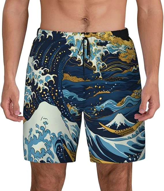 Japanese Wave Kanagawa Beach Shorts 3D Full Screen Printed Drawstring Elastic Waist Casual Mount Fuji Ukiyo-Art