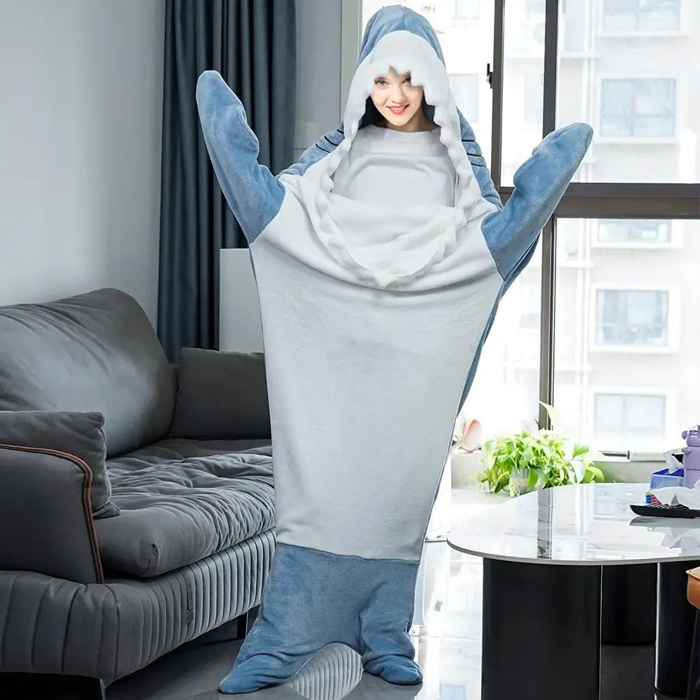 Shark Blanket For Adult Kids Flannel Wearable Shark Blanket Hoodie Cartoon Shark Soft Cozy Warm Sleeping Bag Valentine\'s Day Gif