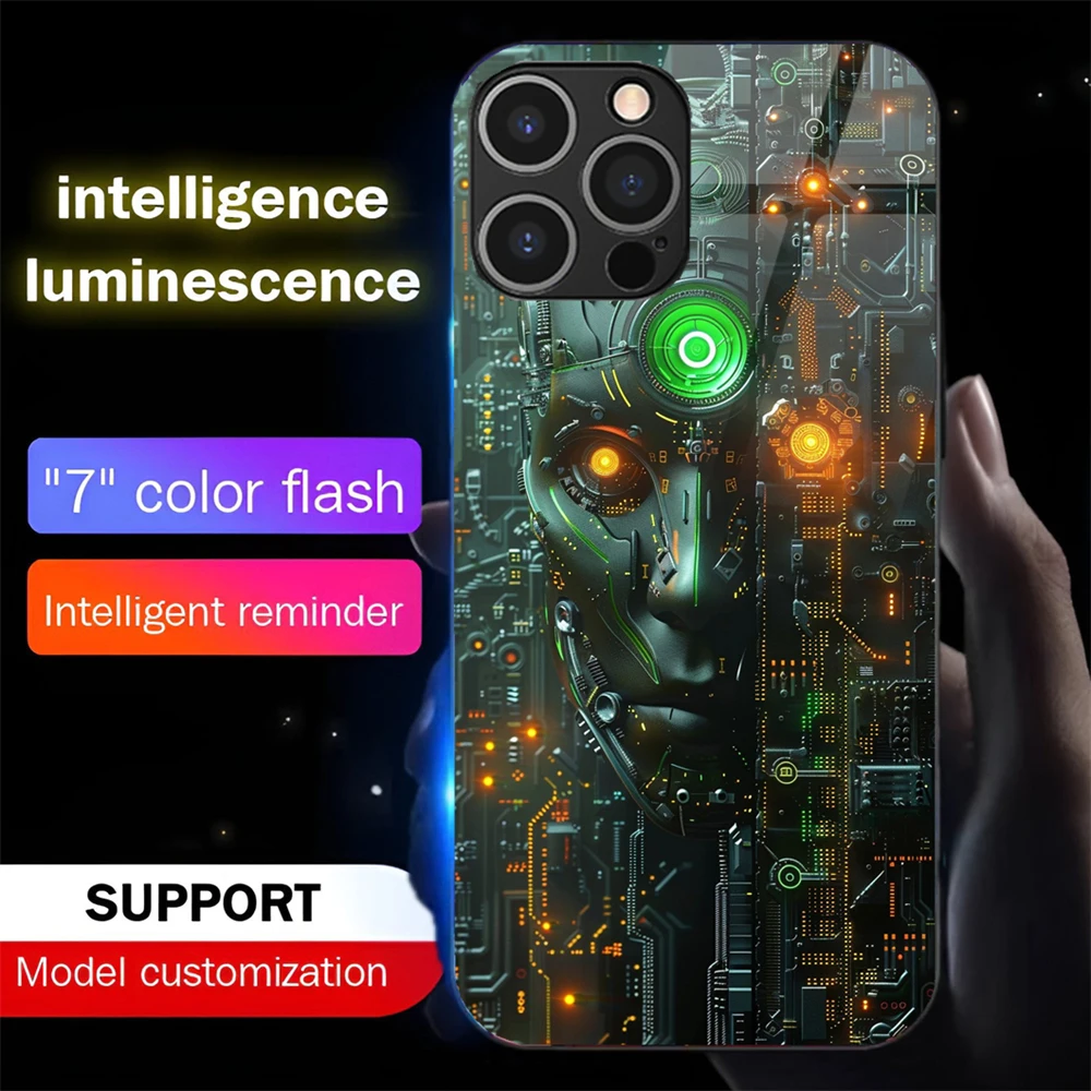 

Future Brain Design Smart LED Light Glow Tempered Glass Phone Case For iPhone Air 17 16 E 15 14 13 12 11 Pro Max Plus