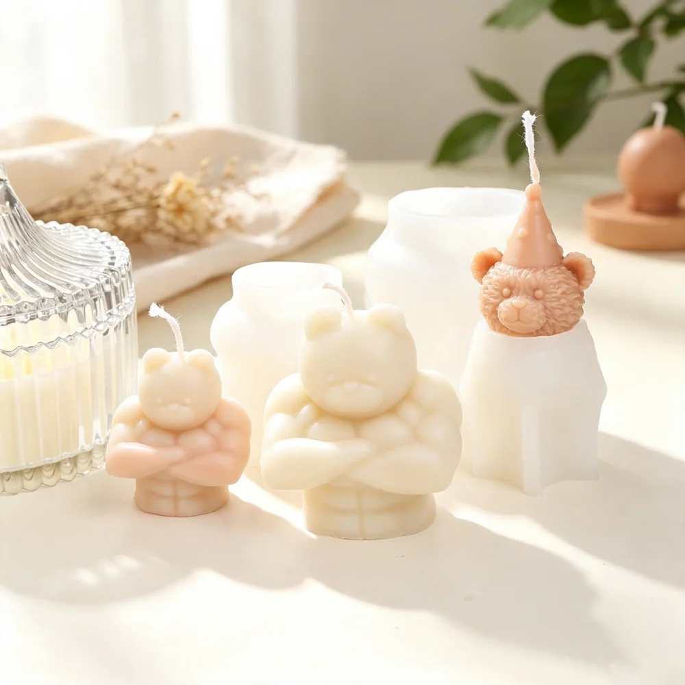 Muscular Bear Party Silicone Candle Mold 3D Cute Cartoon Bear Mould Hat Teddy Bear Wax Soap Resin Casting DIY Mold Home Decor