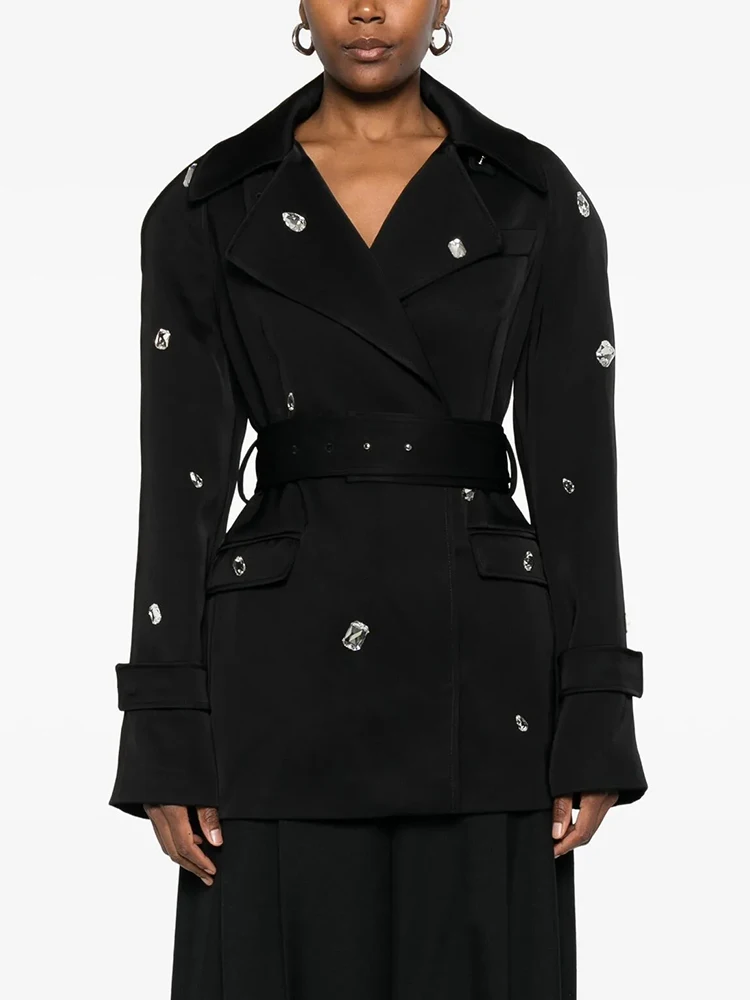 Black Double-Breasted Trench Coat With Silver Button Belted Formal Blazer Women's Stylish Long Sleeve Office Casual Outerwear view 4
