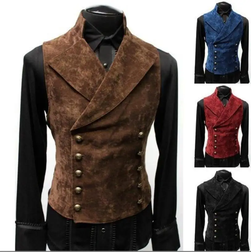 Mens Double Breasted Gothic Steampunk Velvet Vest Stand Collar Medieval Victorian Black Waistcoat Men Stage Cosplay Prom