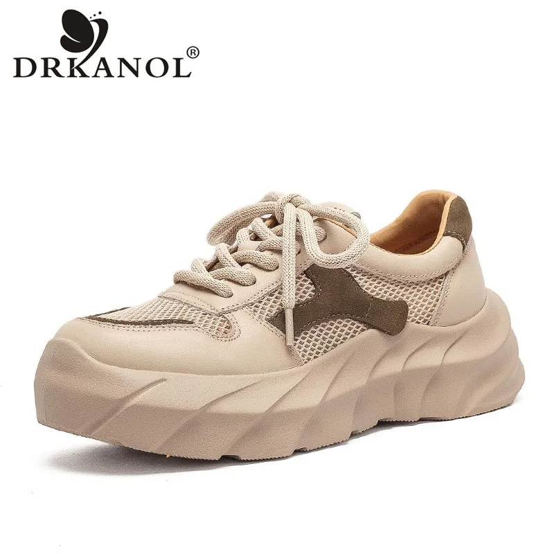 

Женские летние дышащие кроссовки DRKANOL из натуральной кожи на толстой подошве с массивной платформой, легкие повседневные кеды на шнуровке