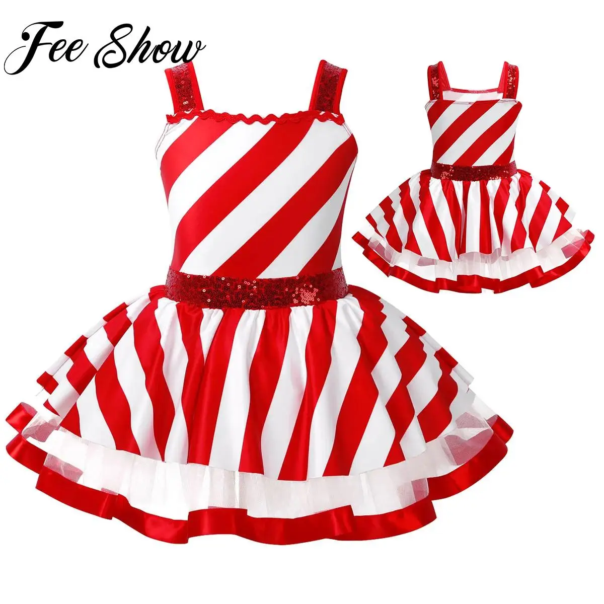 

Kids Christmas Dress for Girls Shiny Sequins Striped Figure Skating Twirling Leotard Dress Ballet Gymnastics Tutu Leotard Dress