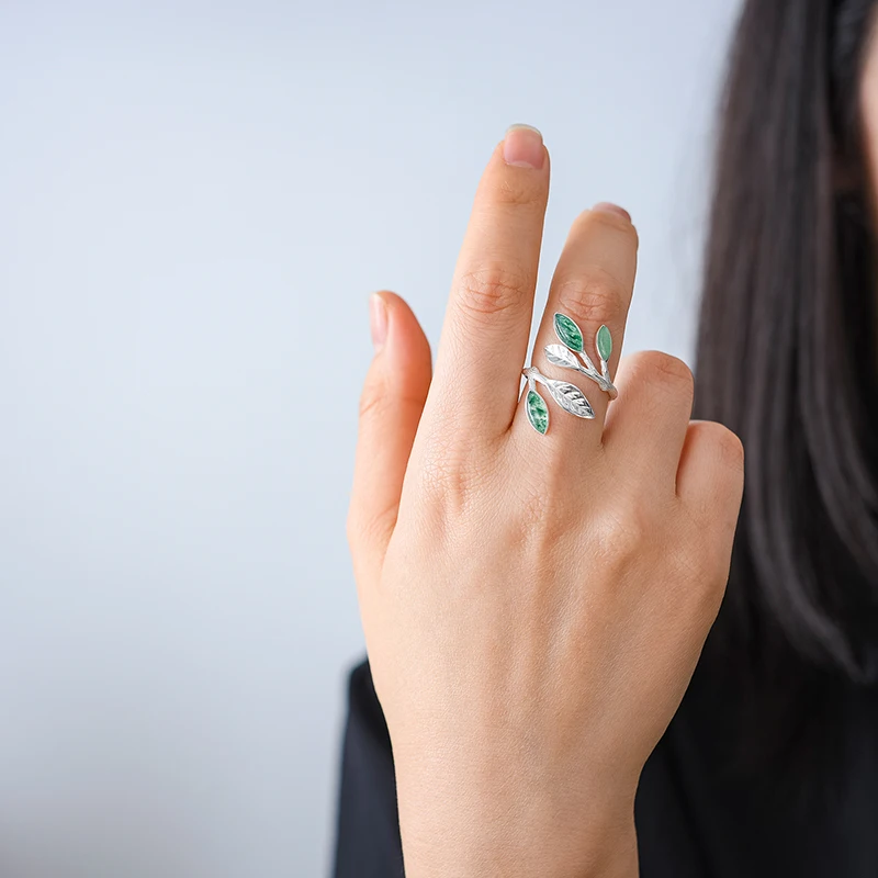 Lotus Fun, настоящее открытое кольцо из стерлингового серебра 925 пробы, натуральный камень, дизайн ручной работы, ювелирные изделия, весенние кольца с воздушными листьями для женщин