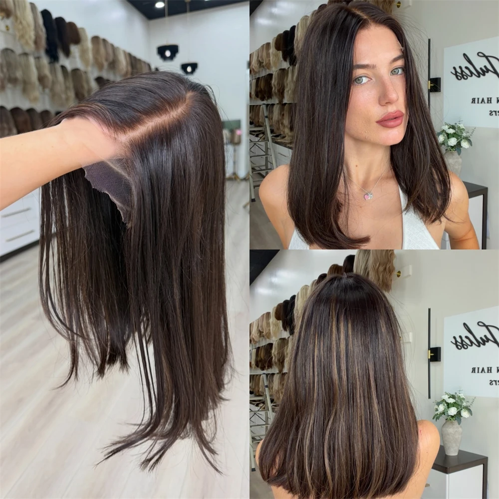 New In Short Straight Bob Ombre Brown Synthetic Lace Front Wig HD Lace Wig Free Part Wig for Women Preplucked Hairline 14 Inches