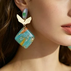 Spring Summer Women's Fashion Trendy Marble Enamel Square Dangle Earrings Handmade Polymer Clay with Brass Metal for Accessories