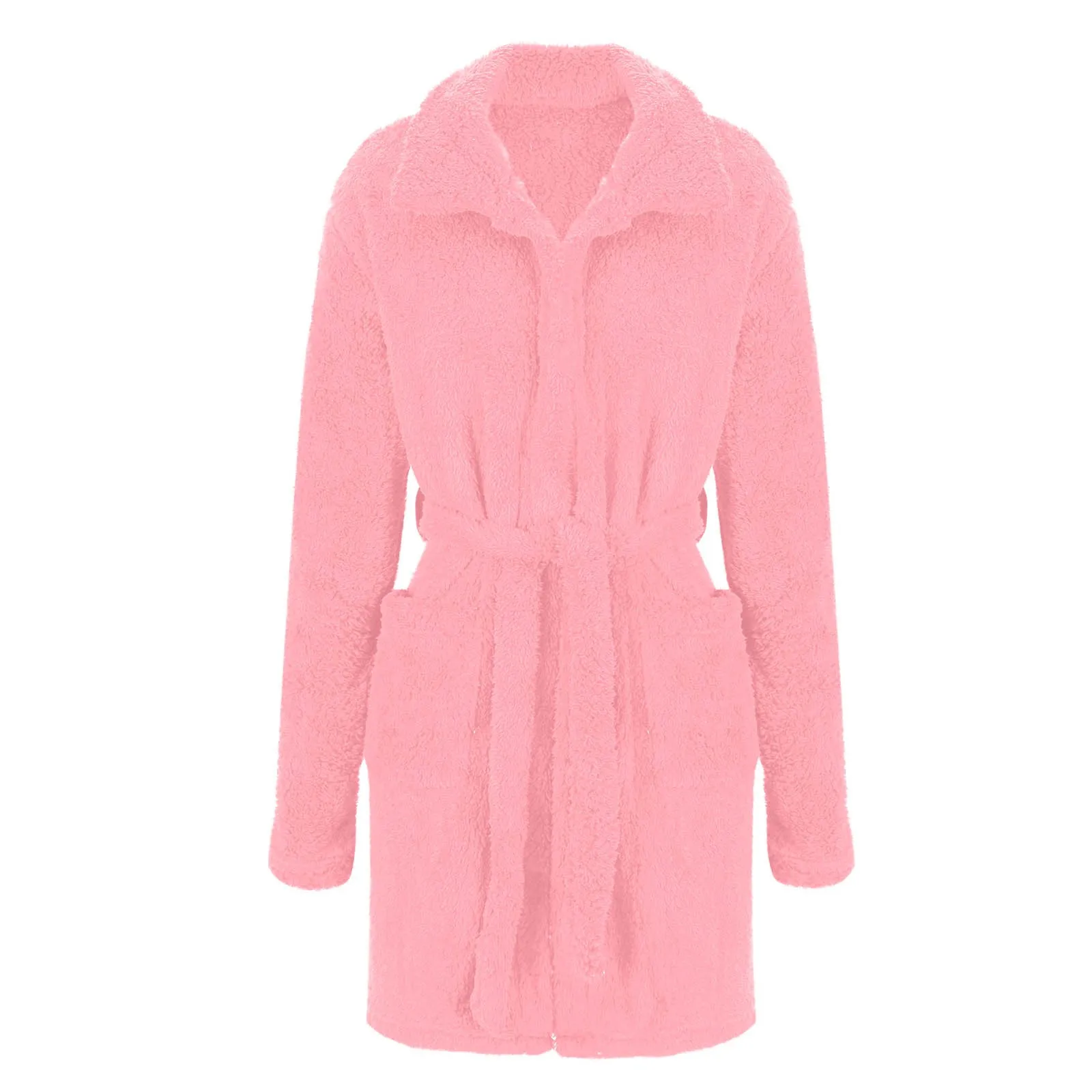 Women Warm Fleece Lace Up Bathrobe 2024 Solid Color Homewear Clothes With Pockets Sexy Plus Size Fuzzy Pajamas Robe Sleepwear