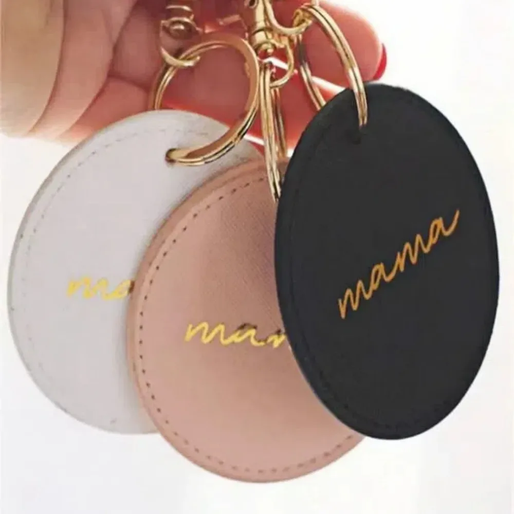 Customized Logo Personalized Round Leather Keychain Hot Stamping Keyring Carving Key Chain for Women Handbag Pendant Gift