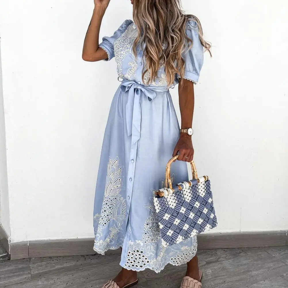 Stylish Maxi Dress Large Hem Summer Short Sleeve Single-breasted Hollow Out Shirt Dress  Fashion Women Dress for Office